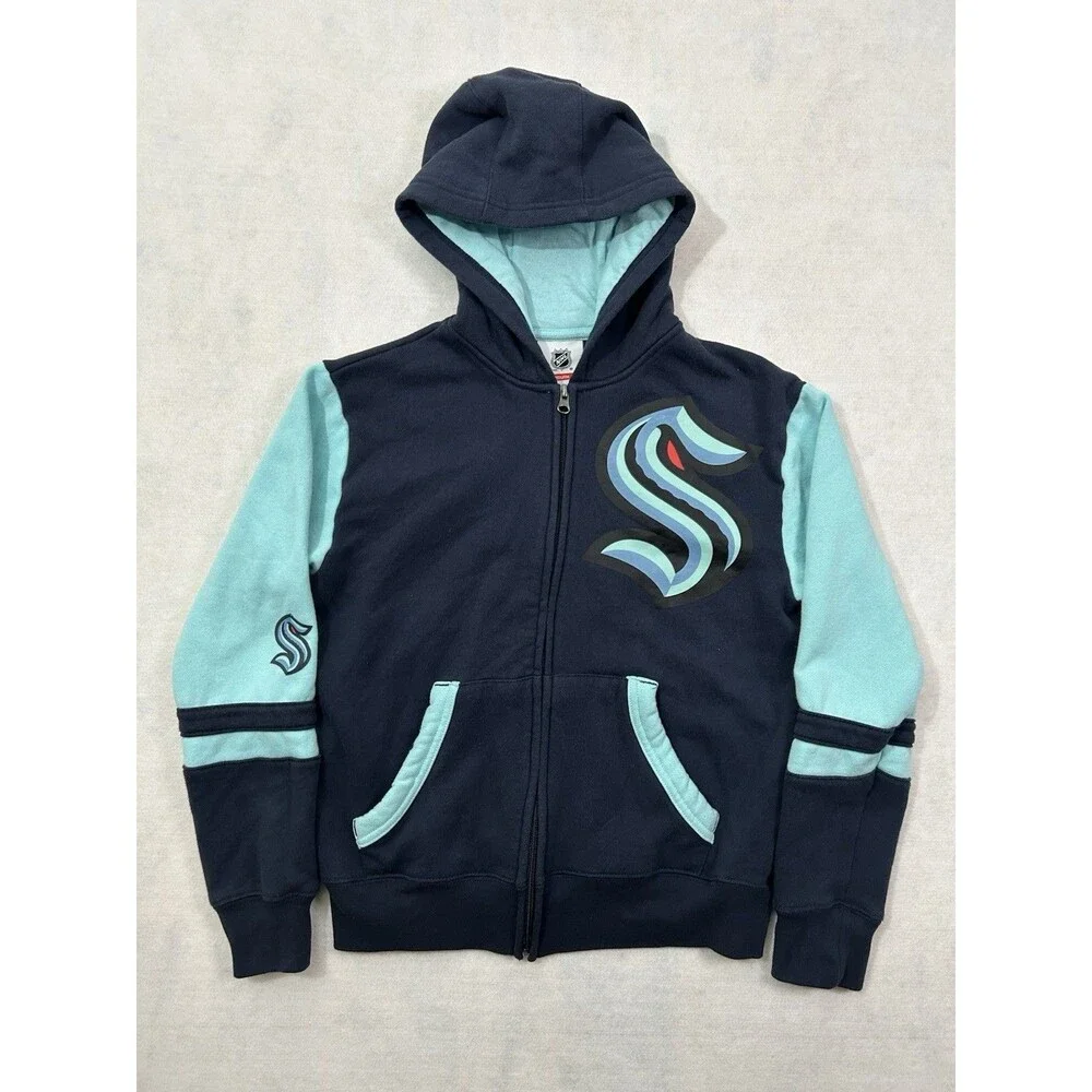 NHL Seattle Kraken Youth Medium Hoodie Full Zip Face Off Blue Sweatshirt 10/12